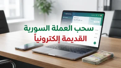 واجهة إلكترونية لسحب العملة السورية القديمة عبر مصرف سوريا المركزي مع أوراق نقدية وهاتف ذكي.