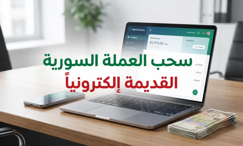واجهة إلكترونية لسحب العملة السورية القديمة عبر مصرف سوريا المركزي مع أوراق نقدية وهاتف ذكي.