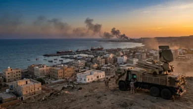 تصاعد أعمدة الدخان في ميناء المخا باليمن إثر قصف صاروخي وتصعيد عسكري.