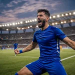 لاعب كرة قدم من نادي الكرامة يحتفل بتسجيل هدف في الدوري السوري الممتاز.