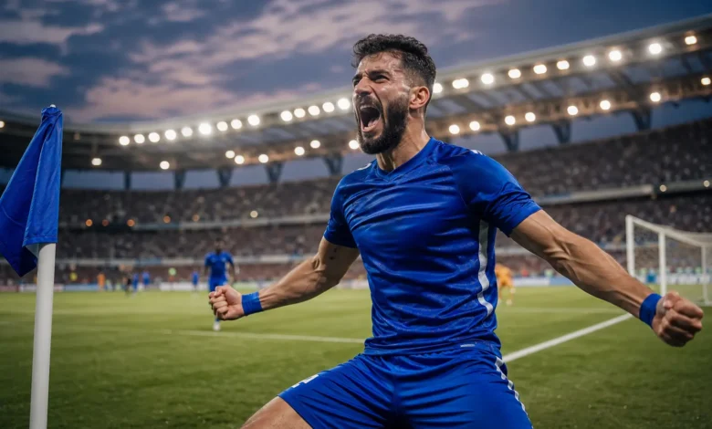 لاعب كرة قدم من نادي الكرامة يحتفل بتسجيل هدف في الدوري السوري الممتاز.