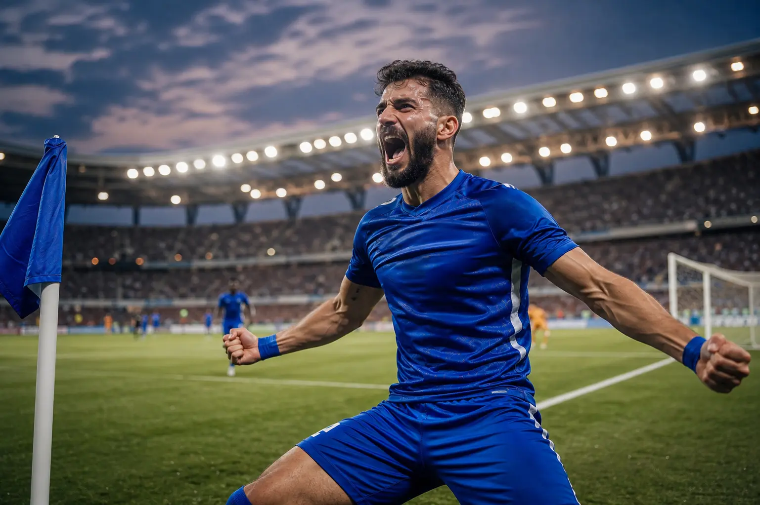 لاعب كرة قدم من نادي الكرامة يحتفل بتسجيل هدف في الدوري السوري الممتاز.