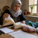تكلفة المعيشة في دمشق - أسرة سورية تحضّر احتياجاتها الغذائية الأساسية الشهرية
