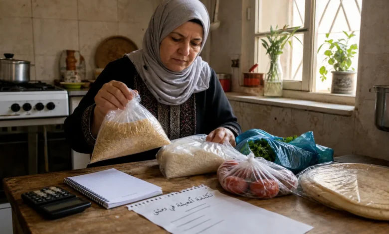 تكلفة المعيشة في دمشق - أسرة سورية تحضّر احتياجاتها الغذائية الأساسية الشهرية