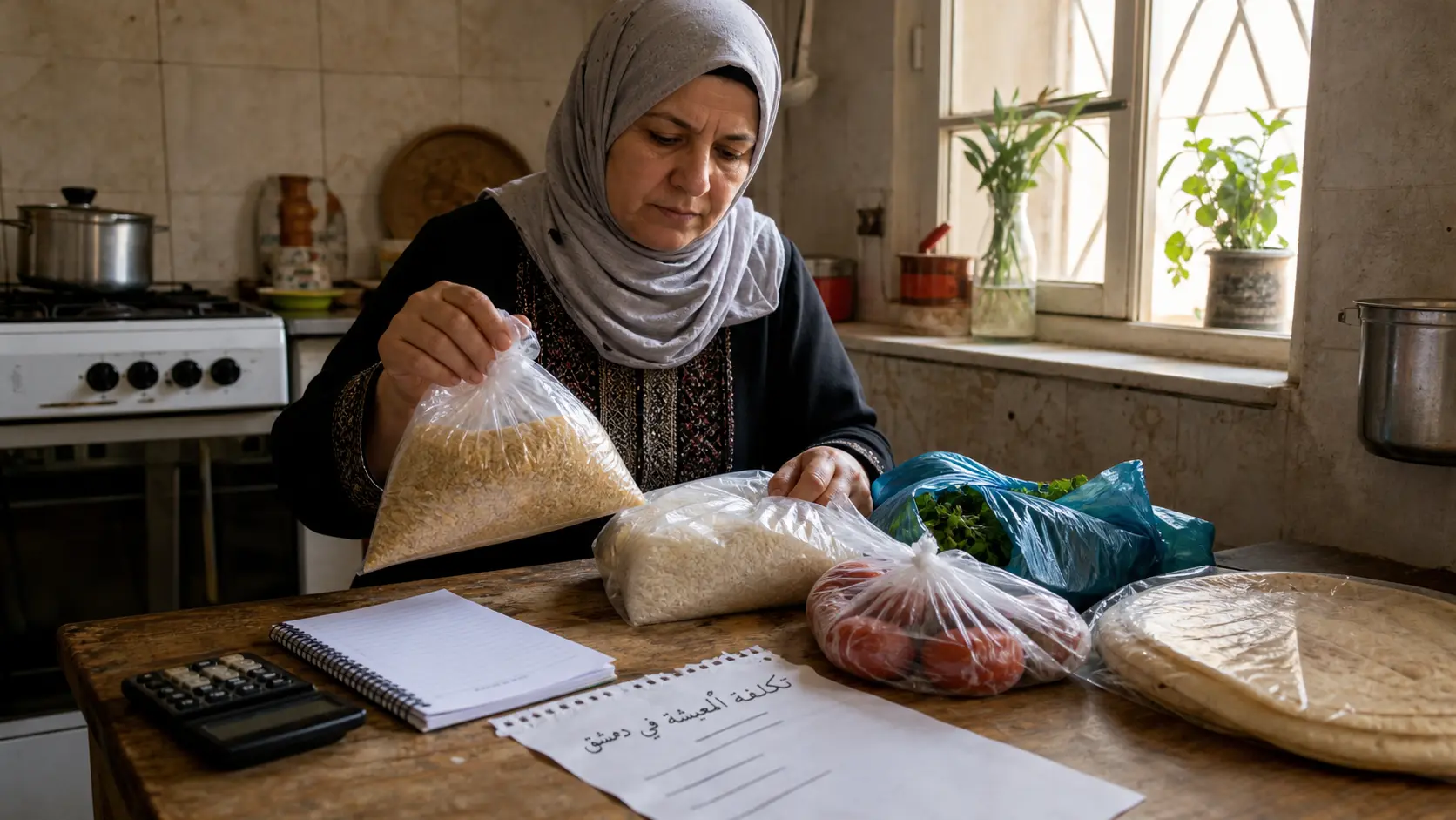 تكلفة المعيشة في دمشق - أسرة سورية تحضّر احتياجاتها الغذائية الأساسية الشهرية