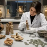مجموعة من الآثار السورية القديمة يجري فحصها وتوثيقها داخل متحف وطني