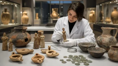 مجموعة من الآثار السورية القديمة يجري فحصها وتوثيقها داخل متحف وطني