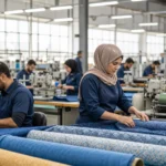 عمال داخل مصنع نسيج حديث في سوريا يعملون على خطوط الإنتاج ضمن مشروع لدعم الصناعة.