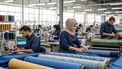 عمال داخل مصنع نسيج حديث في سوريا يعملون على خطوط الإنتاج ضمن مشروع لدعم الصناعة.