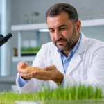 عالم زراعي سوري يفحص حبوب قمح ذهبية محسّنة في مختبر أبحاث حديث، في الخلفية معدات علمية وشتلات.