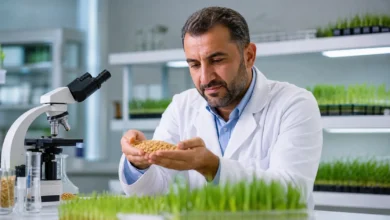 عالم زراعي سوري يفحص حبوب قمح ذهبية محسّنة في مختبر أبحاث حديث، في الخلفية معدات علمية وشتلات.
